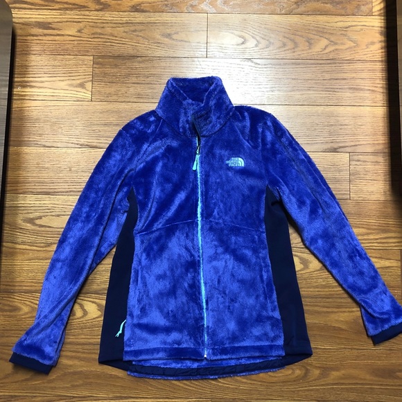 purple and blue north face jacket